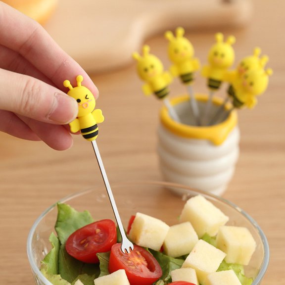 FOMIYES 7 Pcs Bee Shape Fruit Fork Set with Ceramic Holder, Stainless Steel