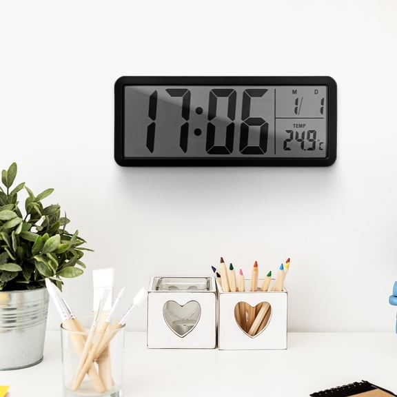 FOMIYES Black Battery Operated Digital Wall Clock with Temperature and Date Display