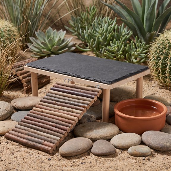 FOMIYES Bearded Dragon Basking Platform with Climbing Ramp, Wood Stone
