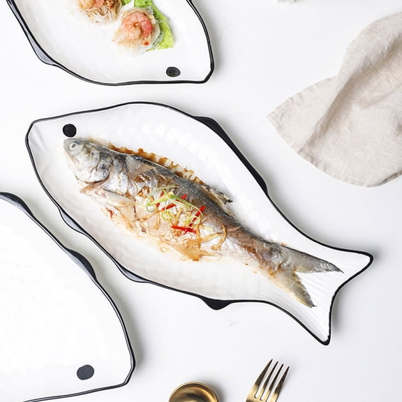 FOMIYES Ceramic Fish Serving Plate White Steaming Dish for Restaurant and Home