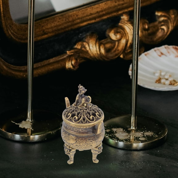 FOMIYES Golden Copper Mini Incense Burner with Lid Three-Legged Base