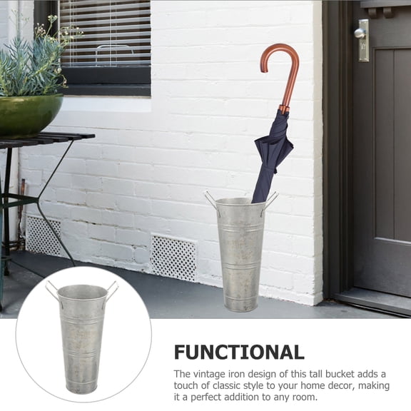 FOMIYES Plated Silver Iron Umbrella Stand for Entryway with Leak Proof Tall Bucket Design