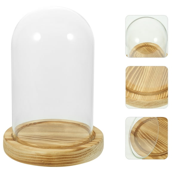 FOMIYES Glass Cloche with Wood Base for Flower Display and Storage Transparent Glass Cover with Natural Wood Texture