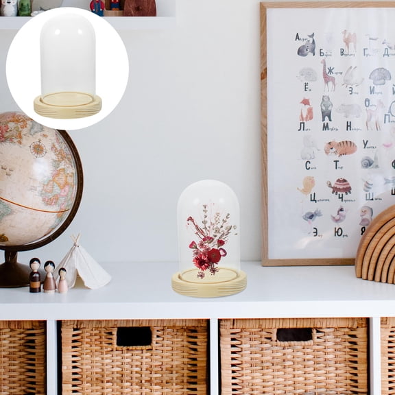 FOMIYES 7.87 Inch Glass Display Dome with Wooden Base, Multi-Purpose Cloche Cover for Storage and Decoration