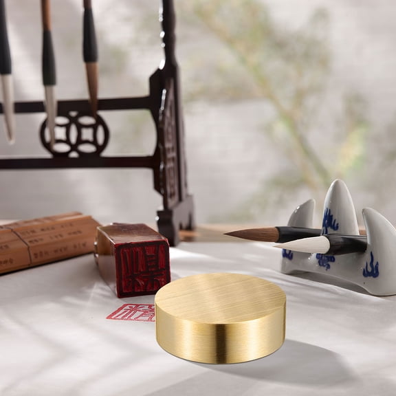 FOMIYES Golden Brass Calligraphy Paperweight Small Round Solid Design for Writing and Desk Decor