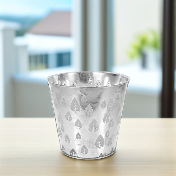 FOMIYES Large Grey Metal Flower Pot with Carved Maple Leaf Design, Round Vase for Indoor and Outdoor Plant Decoration