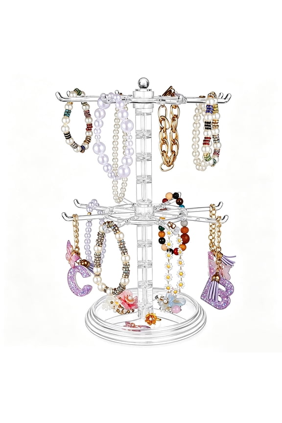 Keychain Display Stand 2 Tier Rotating Transparent Plastic Organizer 1Pack for Accessories School Home