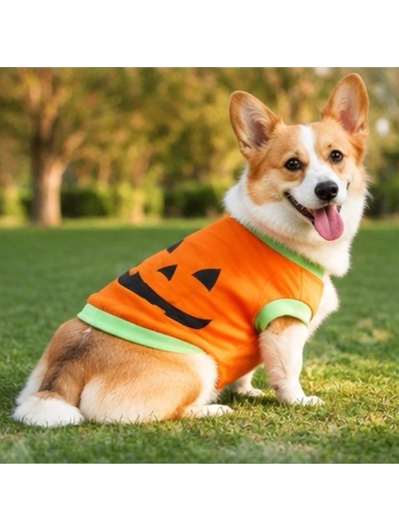 dog pumpkin costume Breathable Orange and Light Green Size L Vest