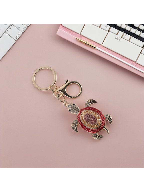 Red Rhinestone Turtle Keychain, Crystal Alloy Tortoise Pendant Bag Charm, Cute Key Holder Accessory for Purse