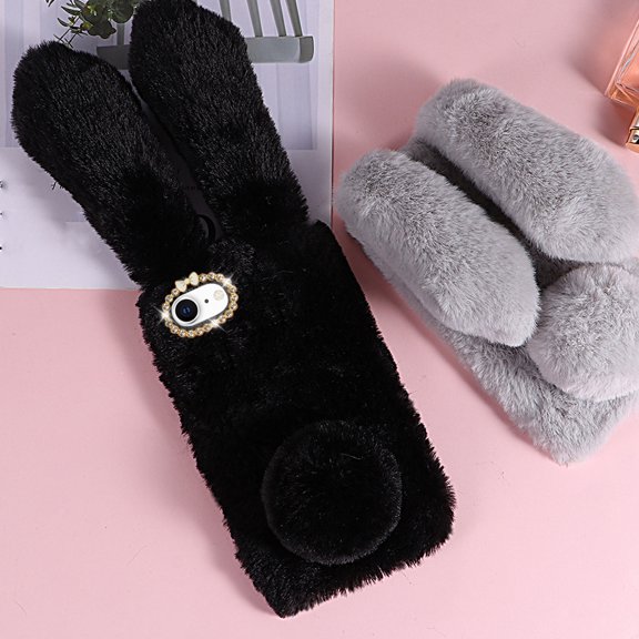 FOMIYES Se 2020 Phone Case Black Plush with Sparkly Rhinestone and Easy Access to Buttons