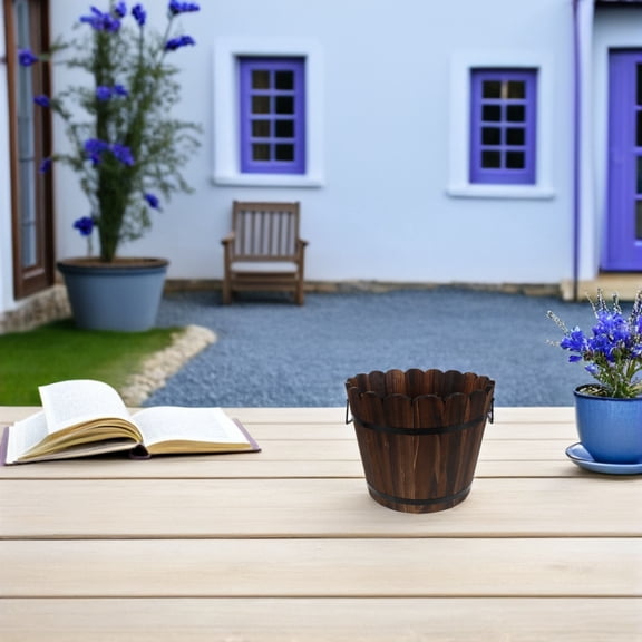 FOMIYES Solid Wood Rustic Bucket Planter Coffee Color for Indoor Outdoor Flower and Vegetable Growing