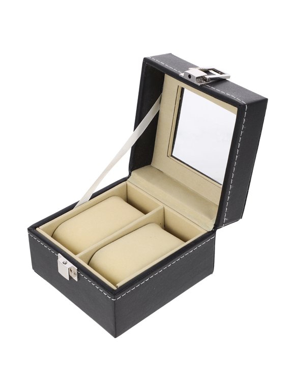 Space-Saving Wrist Watch Storage Box in Black PU, Clear View Lid and Lock