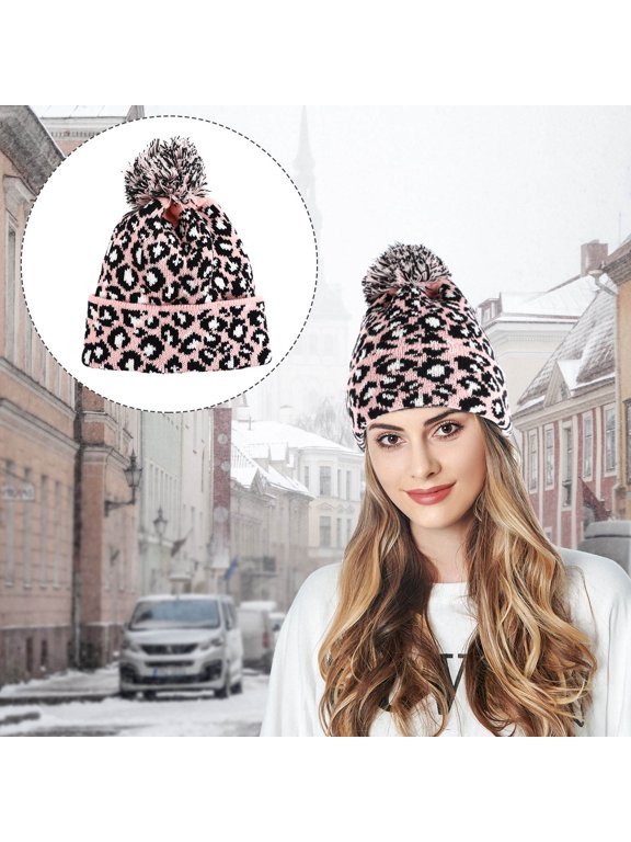 Pink Knitted Beanie Winter Wool Hat Leopard Pattern Warm Cap