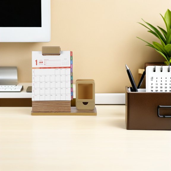 FOMIYES Wood Pen Holder Desk Calendar Organizer with Perpetual Date Display