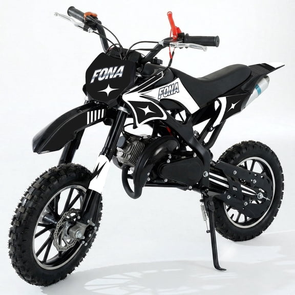 FONA 49cc 2-Stroke Dirt Bike for Kids 8-12, 25mph Mini Motorcycle with Dual Disc Brakes, Multi terrain tires Tires, Suspension & Soft Seat Black