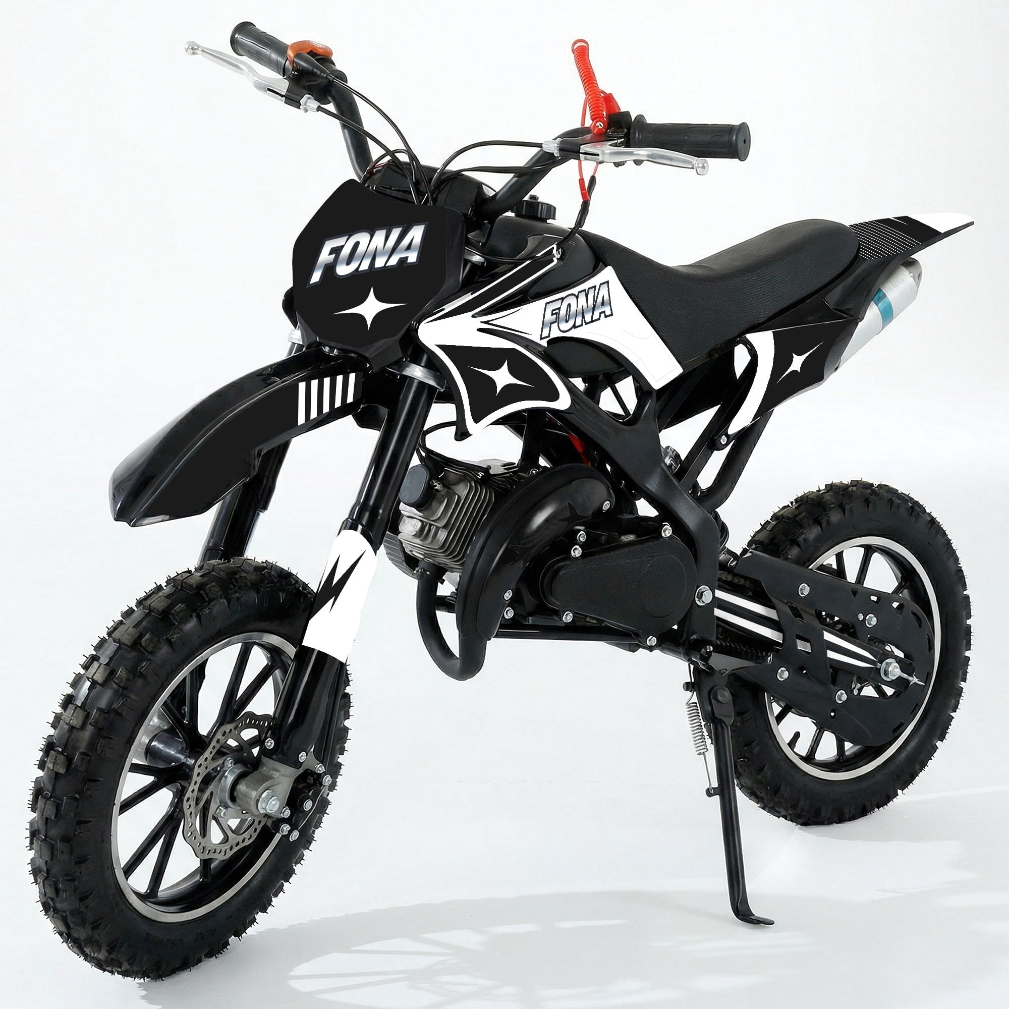 FONA 49cc 2-Stroke Dirt Bike for Kids 8-12, 25mph Mini Motorcycle with Dual Disc Brakes, Multi Terrain Tires, Suspension & Soft Seat Black