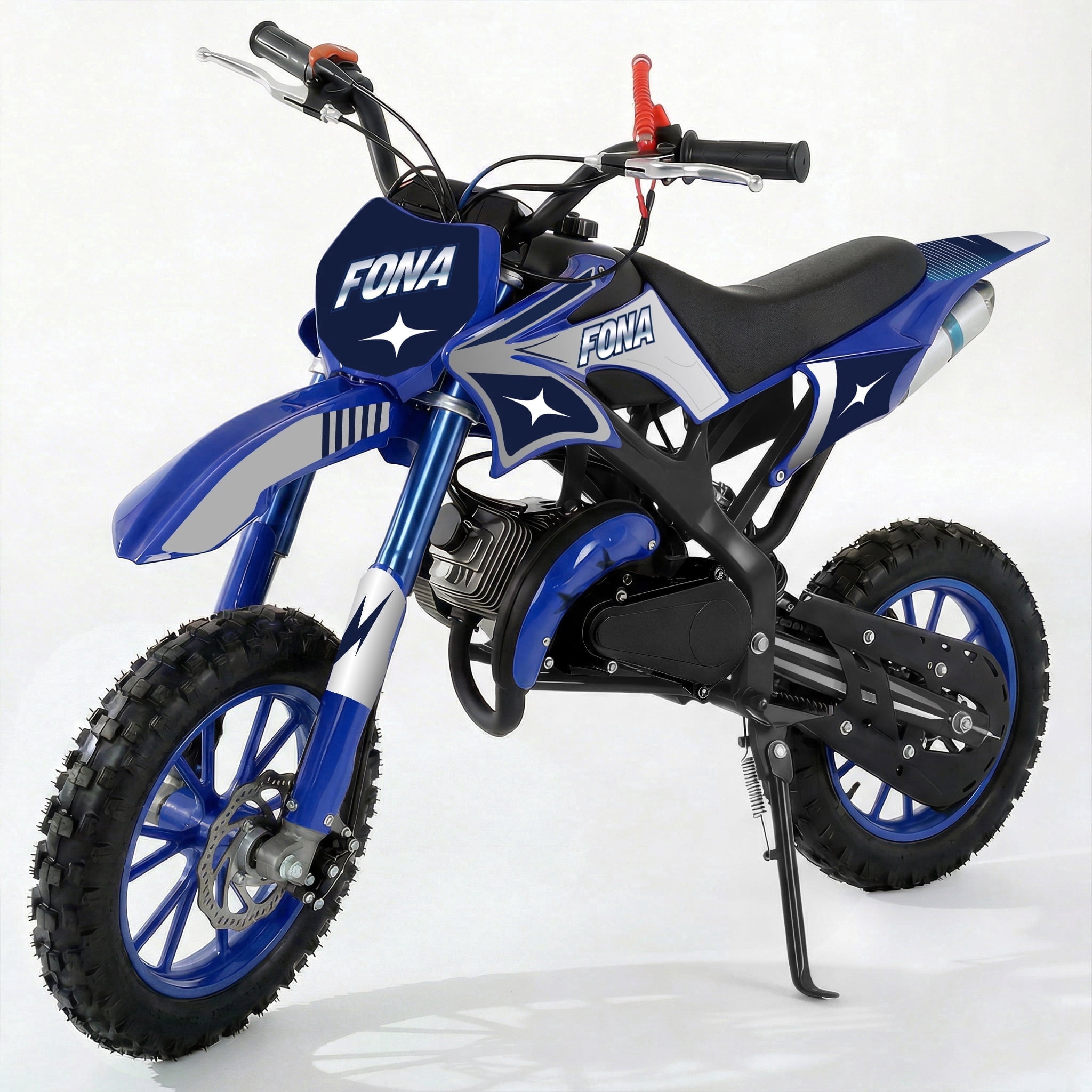 FONA 49cc 2-Stroke Dirt Bike for Kids 8-12, 25mph Mini Motorcycle with Dual Disc Brakes, Multi Terrain Tires, Suspension & Soft Seat Blue
