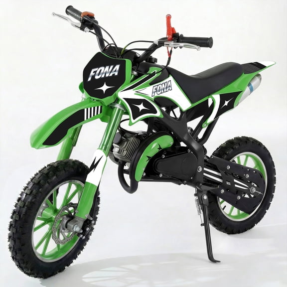 FONA 49cc 2-Stroke Dirt Bike for Kids 8-12, 25mph Mini Motorcycle with Dual Disc Brakes, Multi Terrain Tires, Suspension & Soft Seat Green