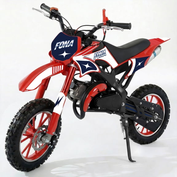 FONA 49cc 2-Stroke Dirt Bike for Kids 8-12, 25mph Mini Motorcycle with Dual Disc Brakes, Multi Terrain Tires, Suspension & Soft Seat Red