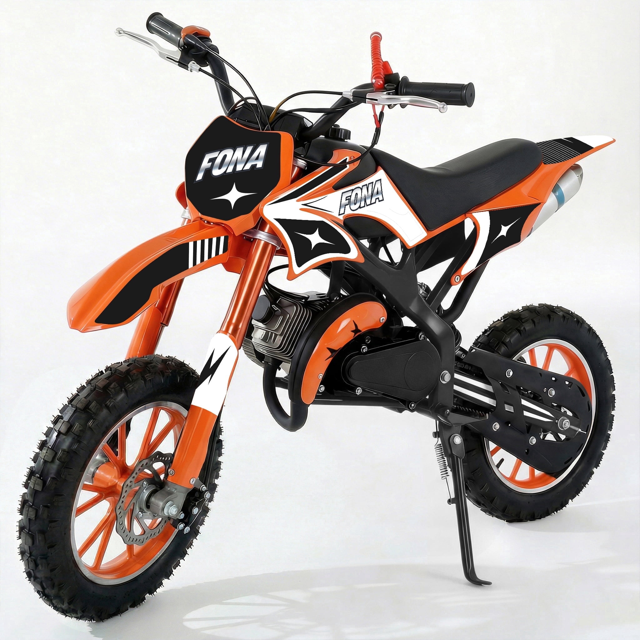 FONA 49cc Kids Dirt Bike 2-Stroke, 25MPH Mini Motorcycle for Ages 8–12, Dual Disc Brakes, Stable Suspension, Off-Road Tires, Soft Seat Orange
