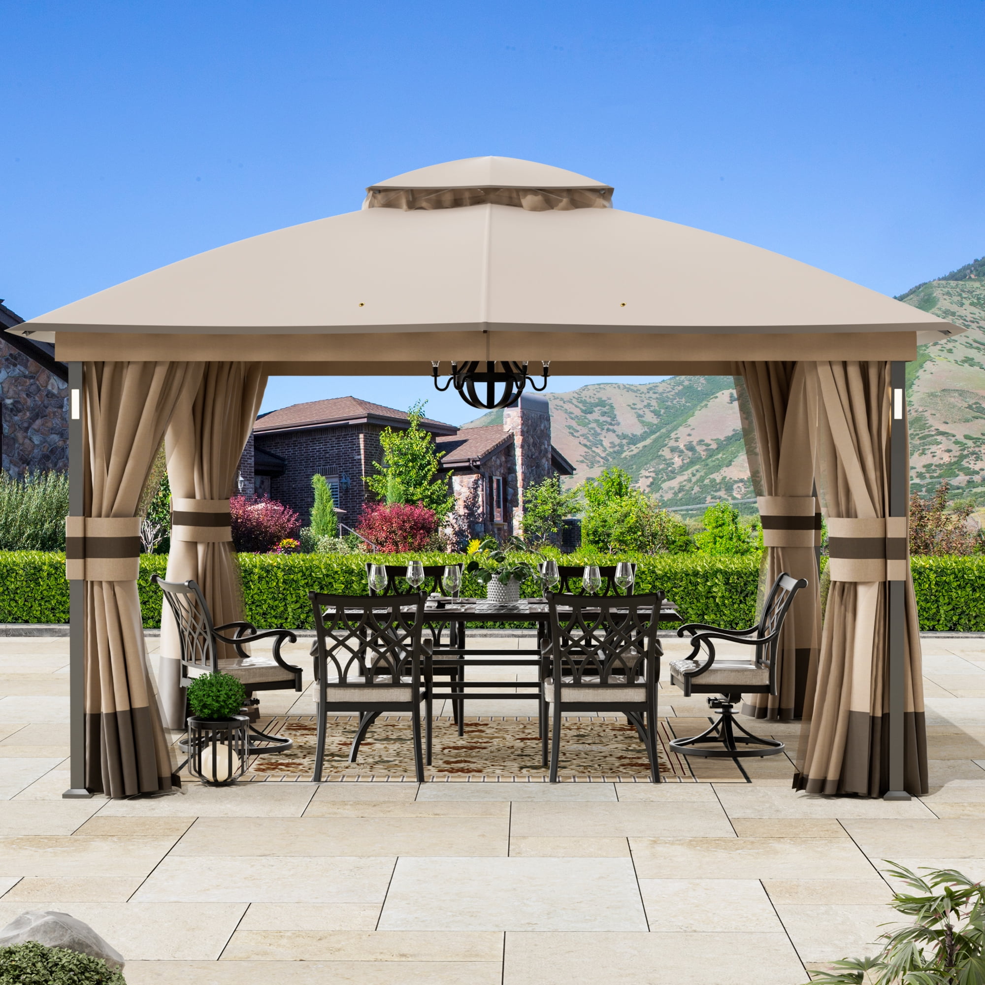 Walmart daily deals:  FONA Patio Gazebo 11'x13' with LED Lights & Bluetooth Speaker, Heavy Duty Outdoor Canopy Shelter with Metal Frame, Double Roofs, Soft-top Gazebo with Netting and Curtains for Backyard