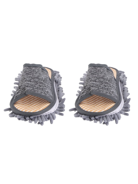 1 Pair Grey Straw Chenille Floor Dusting Slippers for Home Use Indoor Style 9 In