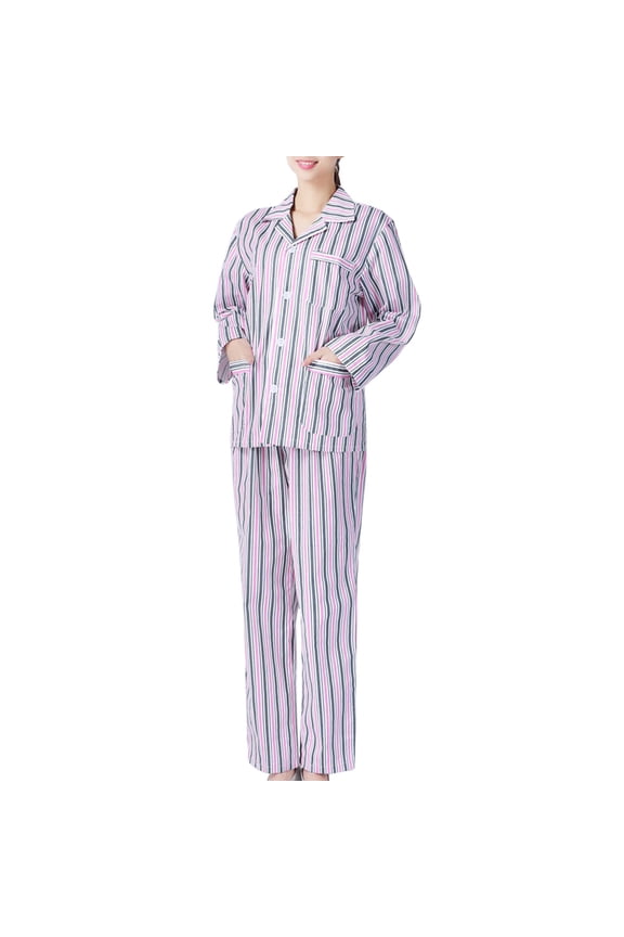 1 Set Cotton Pajamas Women Long Sleeve Classic Spread Collar Pink for Home Rest