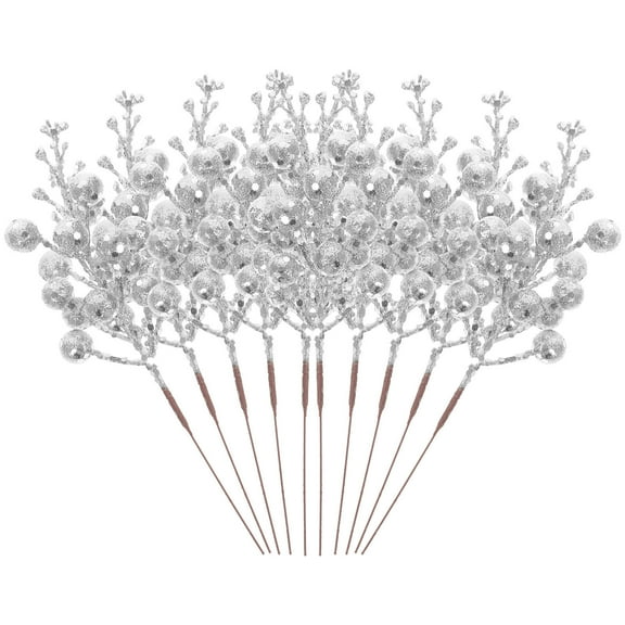 FONDOTIN 10Pcs Holiday Berry Stems Silver Color Foam Glittery Artificial Branches for Christmas