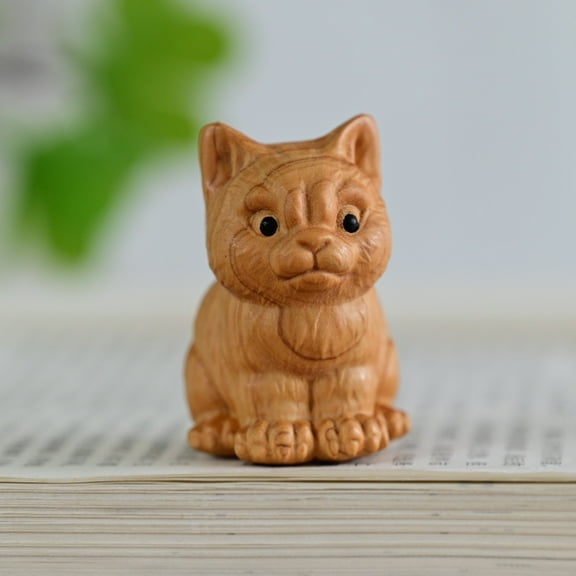 FONDOTIN 2Pcs Hand Carved Wooden Cat Sculptures Beige for Children Home Decoration