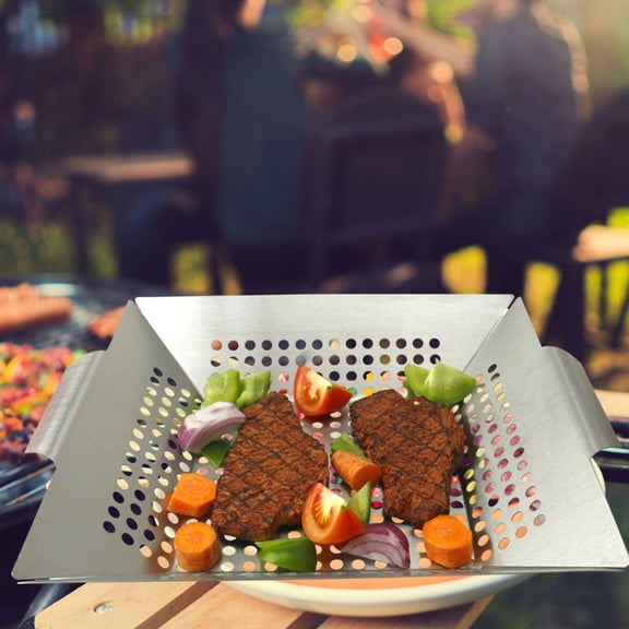 FONDOTIN 2Pcs Stainless Steel Round Holes Grill Baskets for Outdoor Bbq Cooking