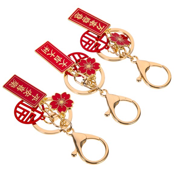 FONDOTIN Red Fu Keychain Set with 3 Metal Bag Charms, Decorative Pendants for Keys and Accessories