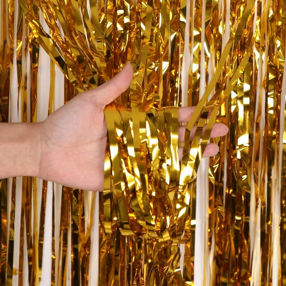 FONDOTIN 4Pcs Fringe Curtain Backdrop with Golden Color for Wedding Decorations 98x39in