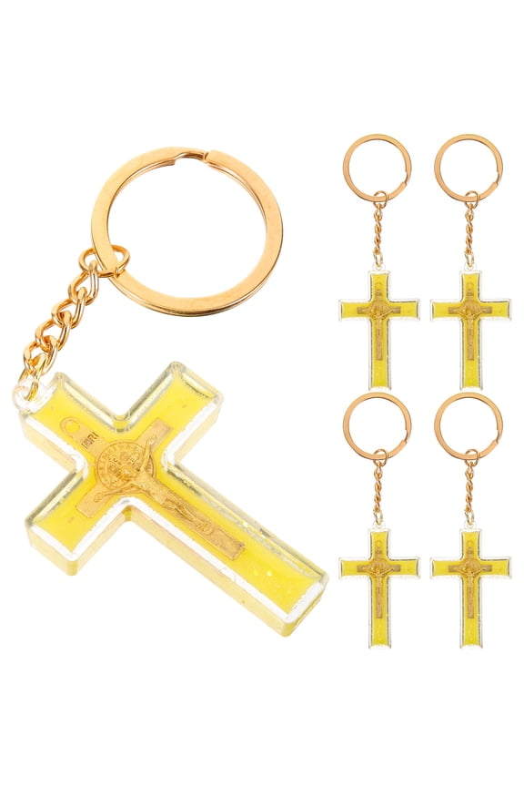 5Pcs Vintage Style Golden Cross Shaped Key Pendant Charm Symbol Key Chain For Church Groups