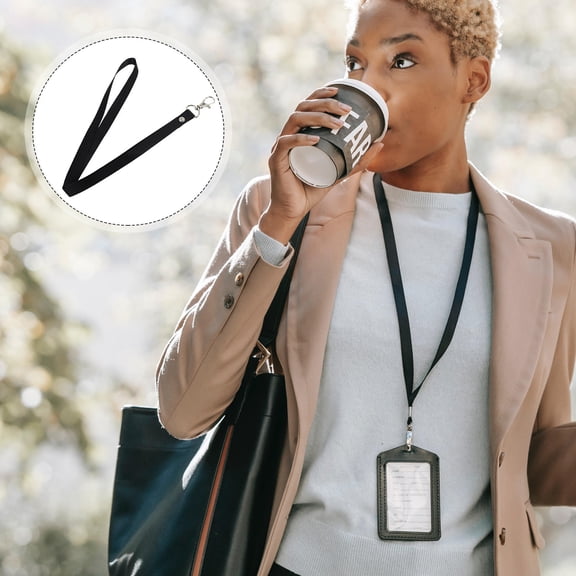 FONDOTIN 8Pcs Rectangular Lanyard for School Cards Black Polyester 17.3*0.5*0.04in