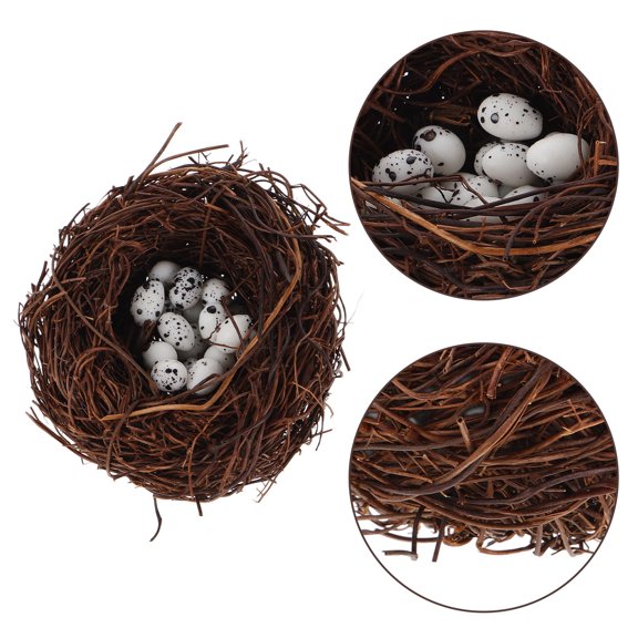 FONDOTIN Artificial Rattan Bird Nest with Speckled Eggs, Decorative Miniature Nest for Microlandscape