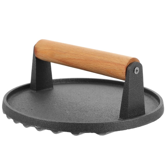 FONDOTIN Cast Iron Burger Press with Wood Handle for Home Use Smooth Surface Round Edge Meat Patty Maker