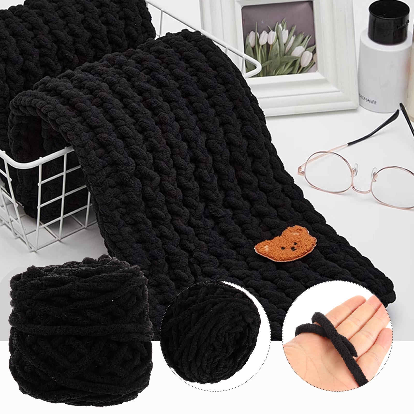FONDOTIN Soft Chunky Acrylic Yarn for Knitting, Crocheting & Weaving - Comfortable Black Craft Thread for Projects
