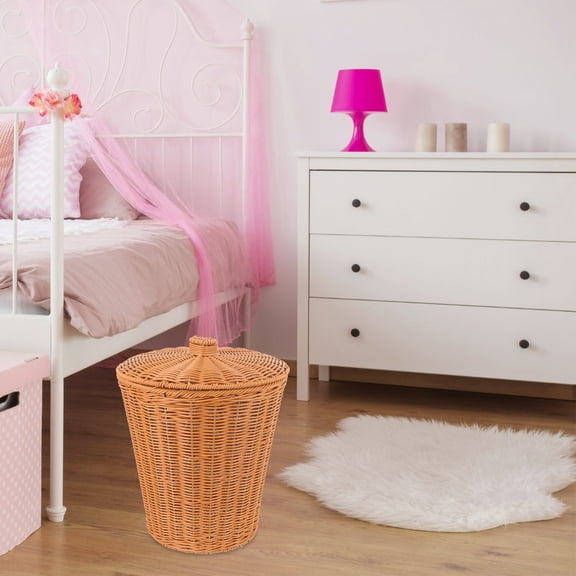 FONDOTIN Simple Plastic Woven Trash Basket with Lid Light Brown Storage Basket for Utility and Dormitory