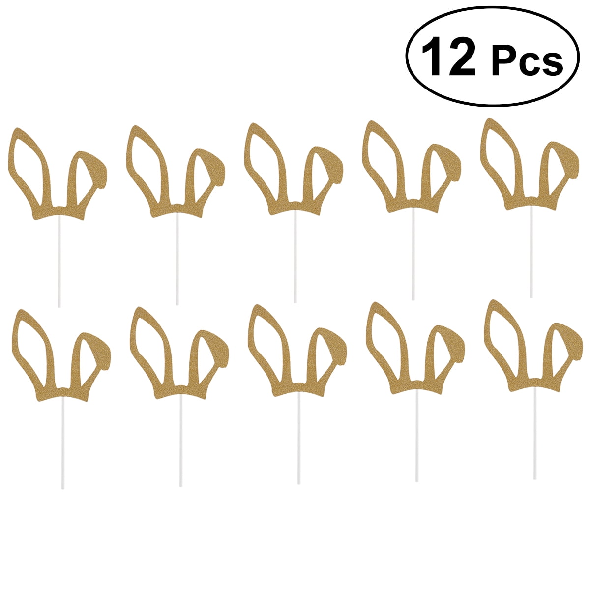 FONDOTIN Glitter Bunny Ear Cake Toppers for Easter Party Decoration Golden Paper 12pcs