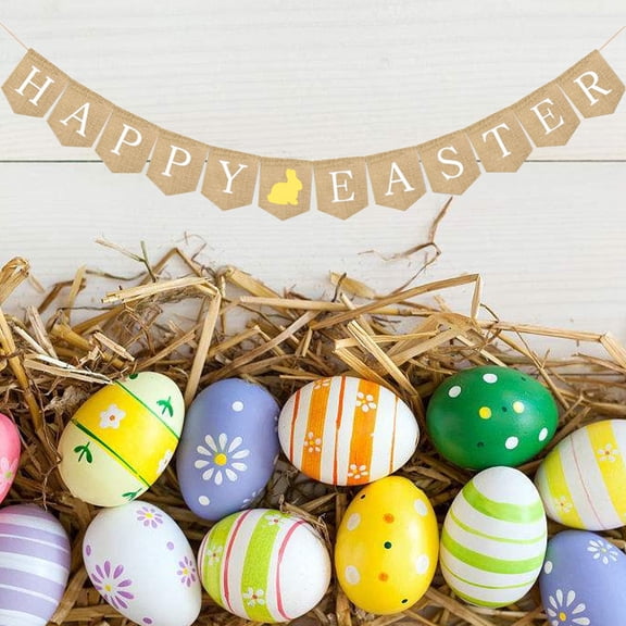 FONDOTIN Happy Easter Bunting Garland 102In Rope Linen 1Set For Easter Day Rustic Decorations