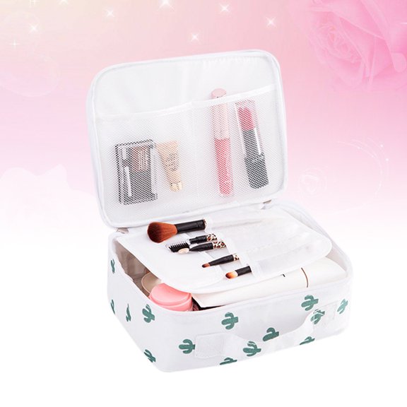 FONDOTIN Khaki Large Capacity Portable Makeup Bag with Stylish Cactus Print for Travel and Daily Use