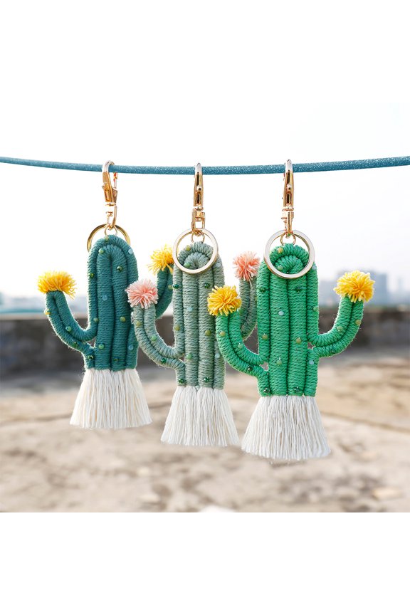 Plant Cactus Keychain with Realistic Weaving Design for Backpack Decoration