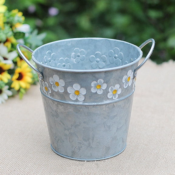 FONDOTIN Silver Metal Tin Bucket Flower Pot Planter for Home Decoration Retro Style Iron Sheet 6.5 Inch
