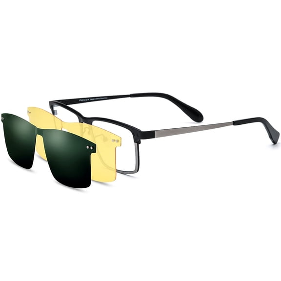FONEX Pure Titanium Glasses Frame Men Square Magnet Clip On Eyeglasses with Polarized Lens ( 85776 Black Silver C4 )