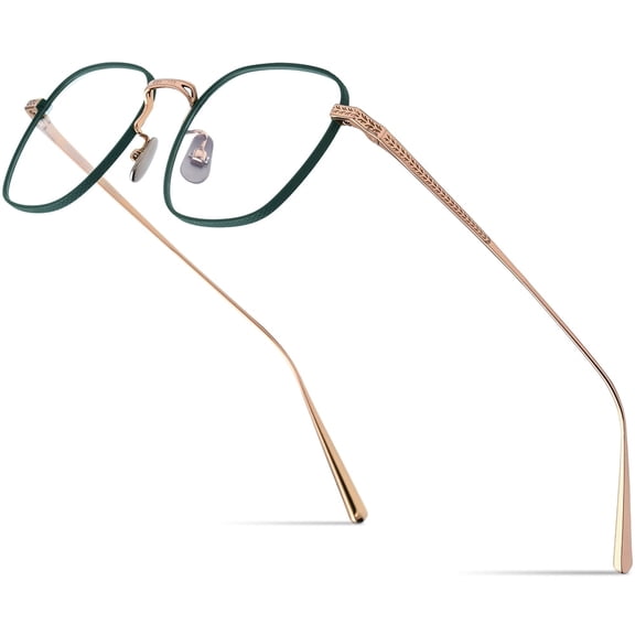 FONEX Pure Titanium Glasses Frame Women Square Eyeglasses Optical Eyewear (N-015R Green Gold)