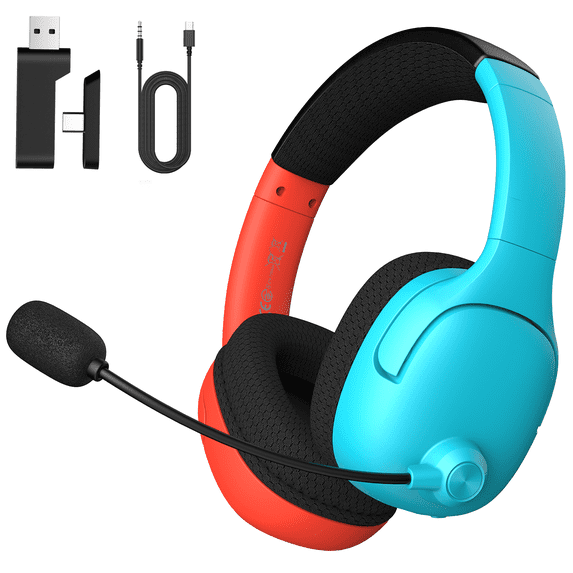 Wireless Gaming Headset for PS5, Switch, FONHAID Bluetooth Headphones with Microphone, 2.4GHz Wireless PS5 Headset with Microhphone, 40+H, Red&Blue