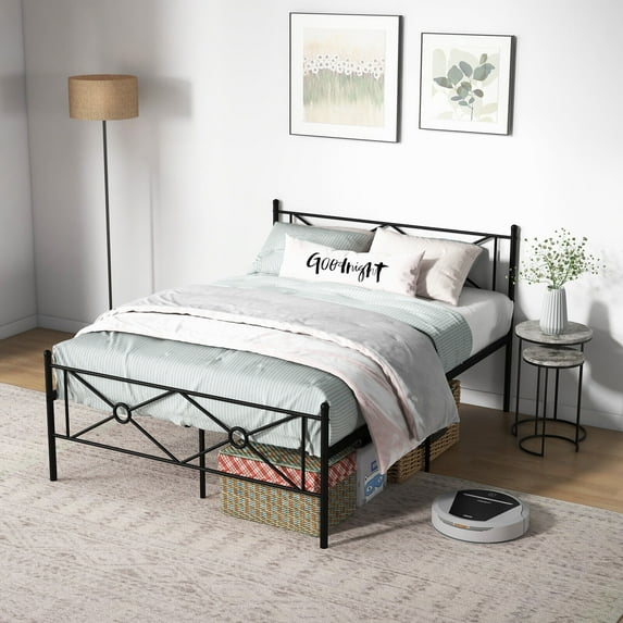 FONIRRA Full Size Bed Frame, Classic Metal Platform with Headboard Mattress Foundation Under Bed Storage, Black
