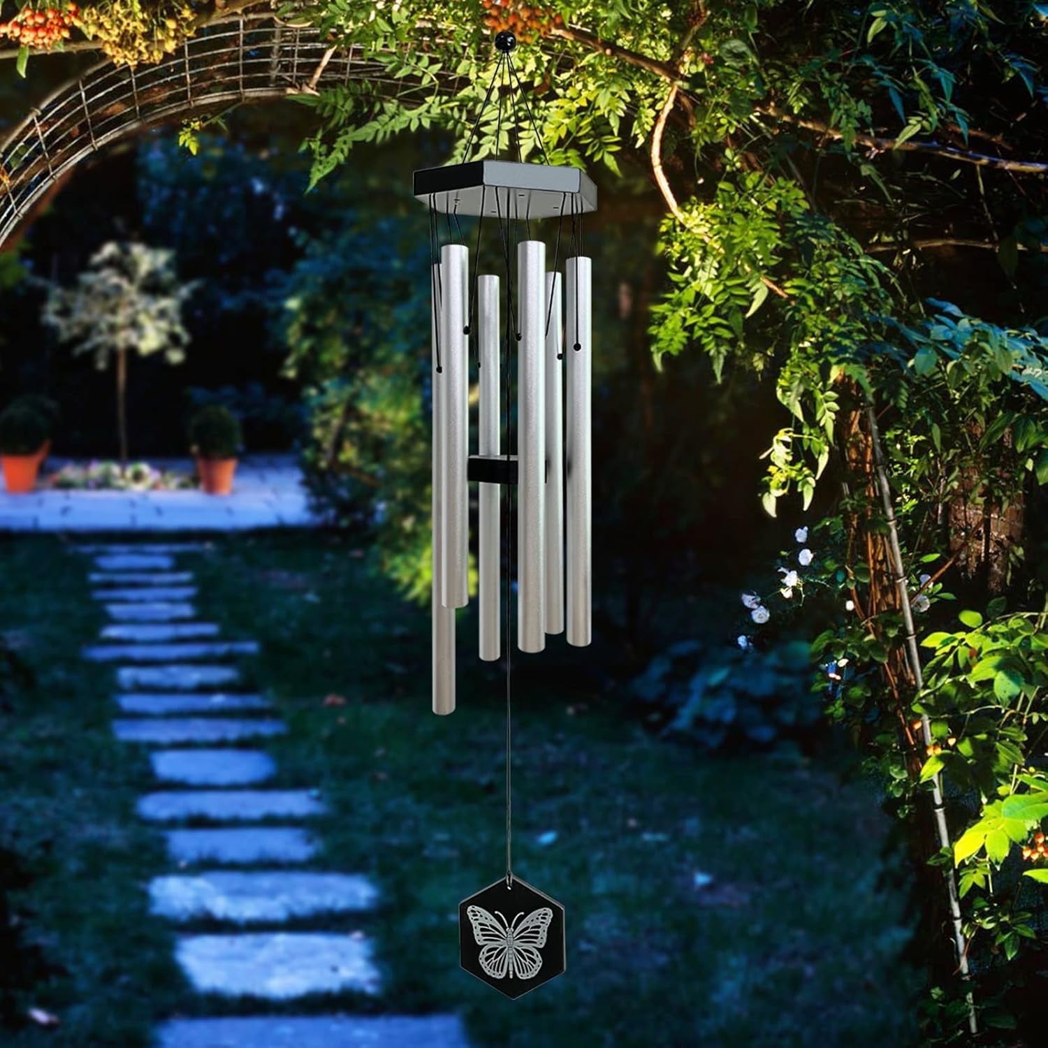 FONMY 33 inch Height Outdoor Butterfly Memorial Wind Chimes, Deep Tone Silver Large Windchimes for Garden Decor, Yard Art Decor