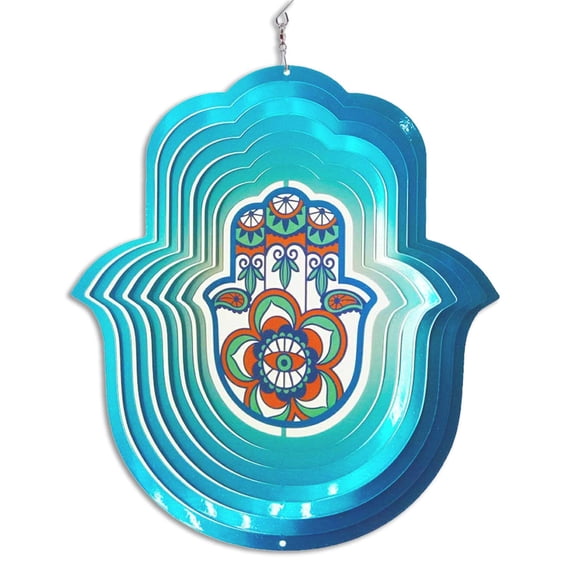 FONMY Mandala Hamsa Lucky Hand 12 inch 3D Stainless Steel Wind Spinner