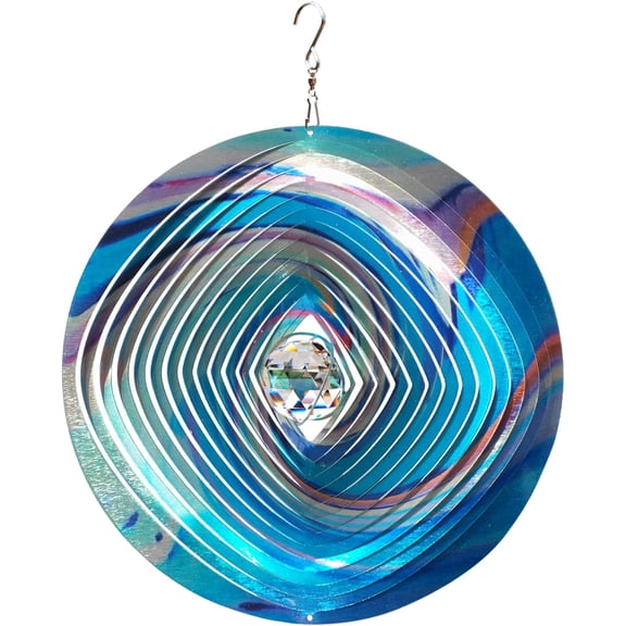 FONMY Mandala Wind Spinner w/Crystal Ball 3D Stainless Steel Hanging Wind Spinner Worth Gift Abstract Art Decoration Indoor/Outdoor Garden Décor Kinetic Yard Art 12 Inches Multi Blue Wind Sculpture